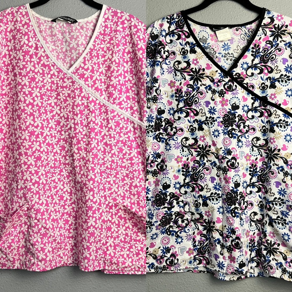 Set of‎ 2 Samantha Mara Floral Scrub Top Bundle Short Sleeve Medical Uniform XL